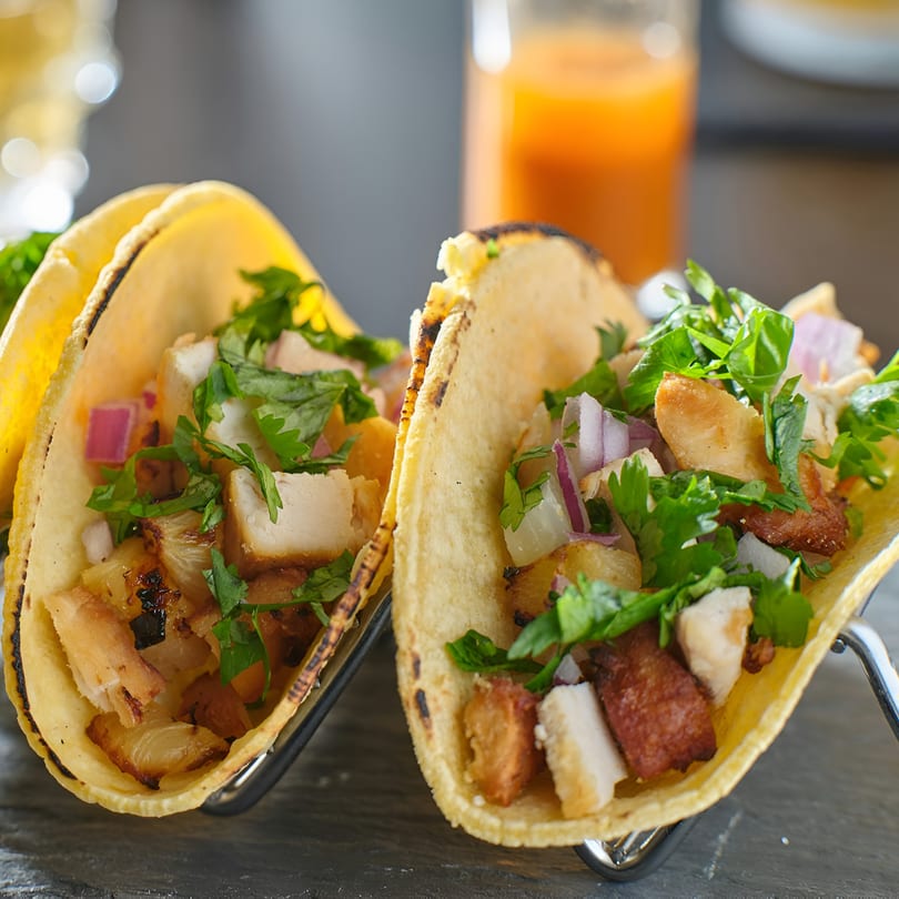 Two Compadres tacos filled with chicken, pineapple, red onion, and cilantro, with a drink in the background.
